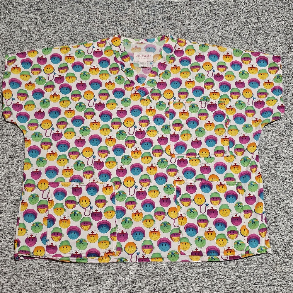 Fun Scrubs | Colorful Tie-Dye Smiley Face Scrub Top | Medical Uniform | Size XL